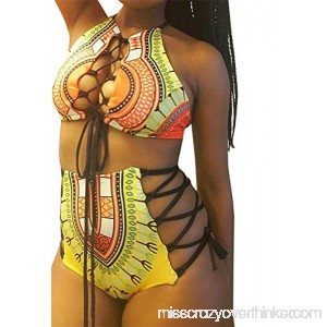 Women's African Dashiki Bandage Halter Cut Out Swimsuit Bikini Set Yellow B074S2497X